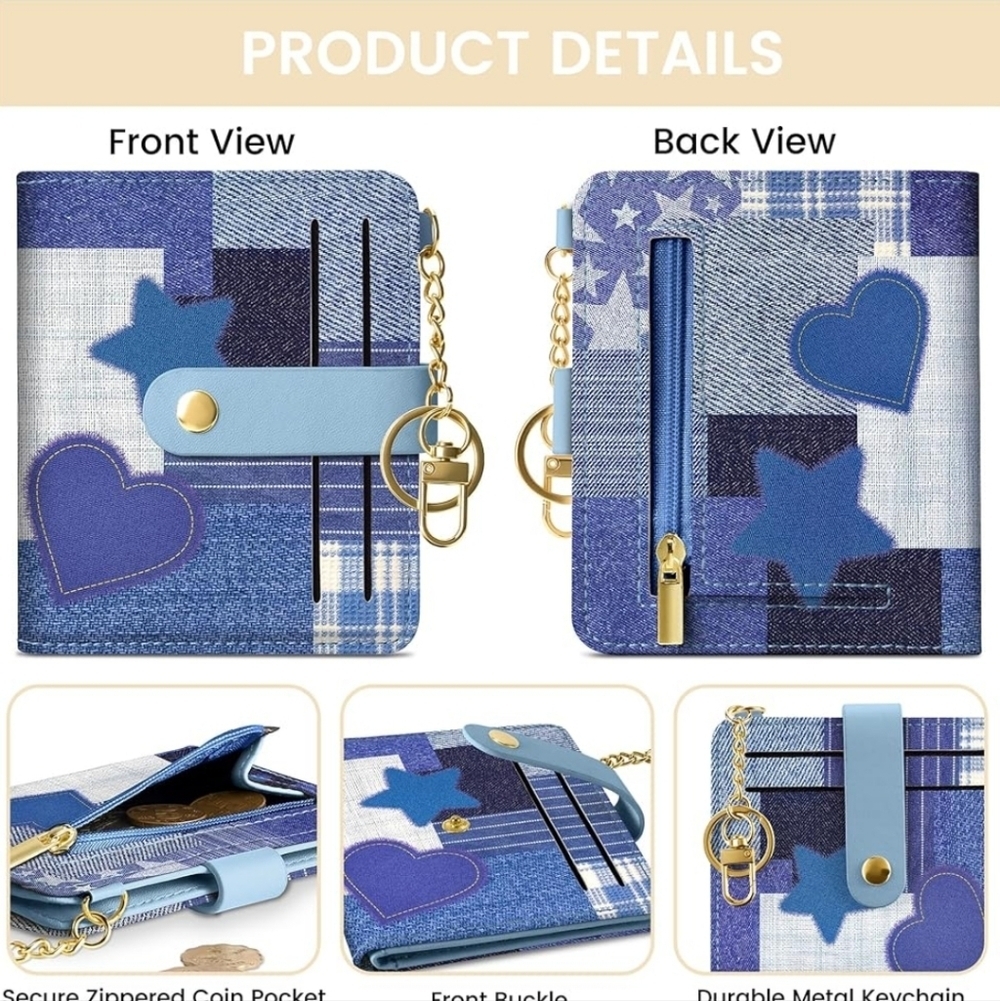 Blue Patchwork Wallet with Star and Heart Design
